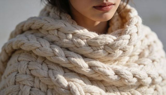 Woman wearing chunky braided cream scarf closeup showing knit texture