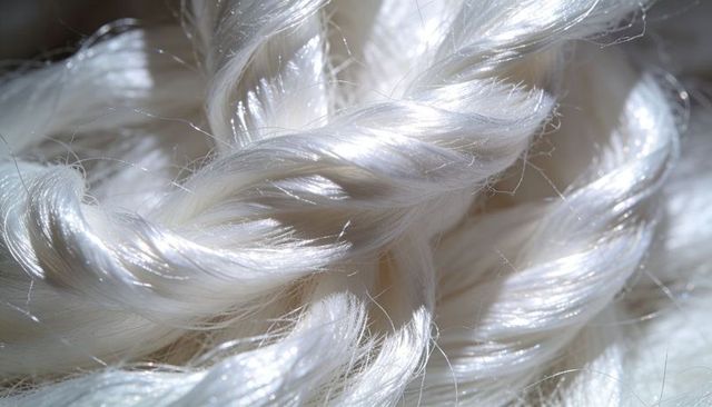 Macro of glossy white synthetic rope braids showing sheen, texture and filaments