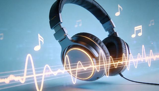 Wired headphones glowing led rings with audio waveform and floating music notes on blue gradient