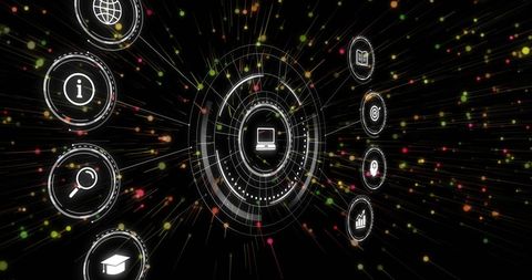 Global networks and data connections on black background