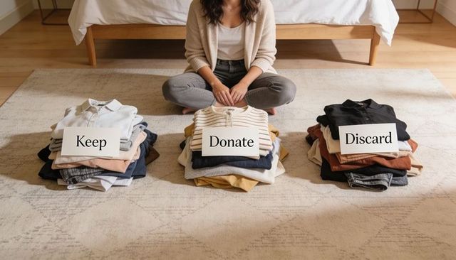 Woman sorting wardrobe into keep donate discard piles for decluttering and minimal living