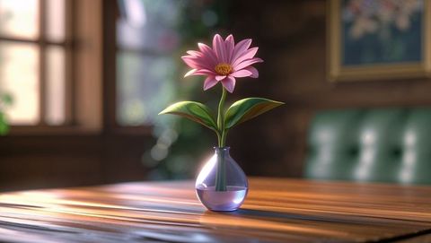 Pink daisy in violet vase on wooden table with elegant interior lighting