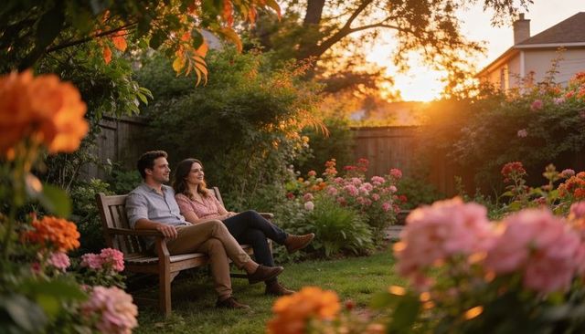 Romantic couple sitting on wooden bench in lush backyard garden at golden hour