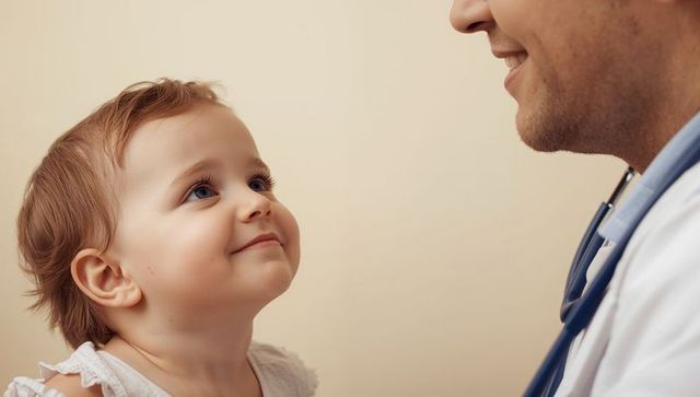 Toddler gazing up at smiling pediatrician during gentle checkup in warm clinic environment