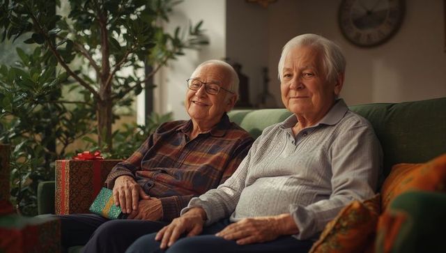 Senior men relaxing at home with gift boxes in cozy atmosphere