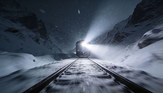 Locomotive charging through snowy mountain pass at night with piercing headlight glow
