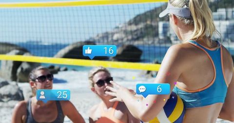 Women Playing Beach Volleyball with Social Media Icons