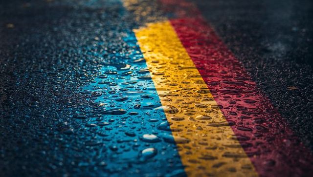 Tricolor road stripes glistening on wet asphalt with raindrops and reflective puddles