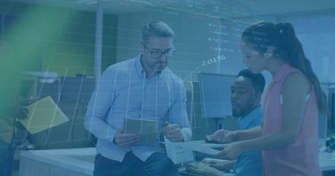 Diverse Team Analyzing Financial Data Hologram