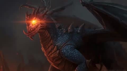 Epic Dragon on Volcanic Terrain with Glowing Eye