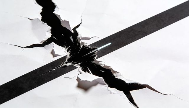 Jagged paper tear revealing dark void and bold black stripe with glowing sliver