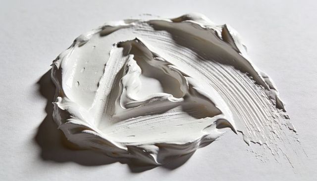 Thick white paint smearing into textured spiral creating peaks ridges and palette knife marks