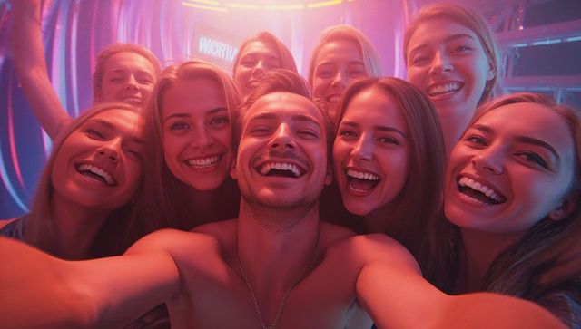 Group Enjoying Neon Party with Lively Selfie Pose