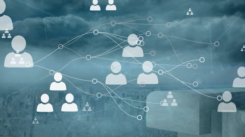 Animated Networking Icons Over Cityscape During Daytime