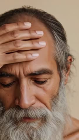 Senior man pressing forehead and reflecting in vertical wellness video for introspection