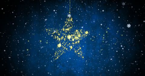 Golden Star with Falling Snowflakes on Vibrant Blue Background