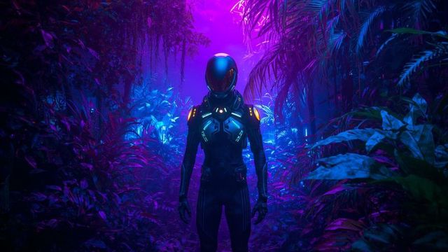 Futuristic explorer in neon jungle landscape at night