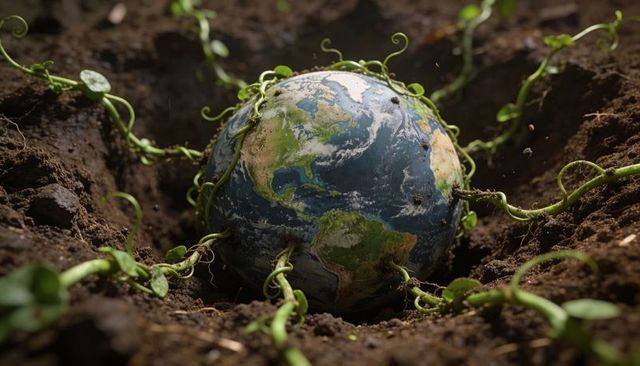 Earth wrapped in green vines nestled in soil representing environmental growth and renewal