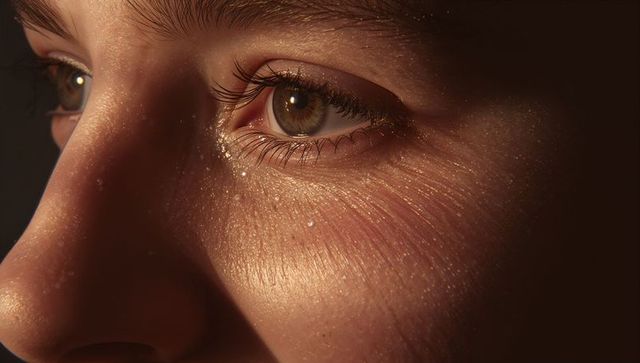 Gazing brown eye closeup with glittering cheek droplets and warm studio catchlight