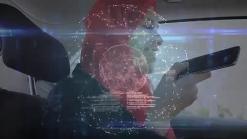 Woman in Red Headscarf Using Voice Technology in Car Futuristic Interface