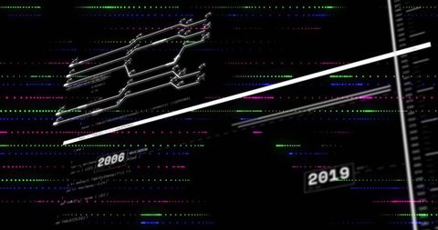 Glitch timeline cyberpunk data stream with neon circuitry and 2006–2019 markers