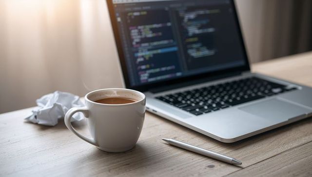 Steaming coffee cup beside laptop showing code and pen on wooden desk for remote work