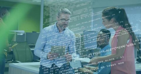 Collaborative tech team working with code overlay