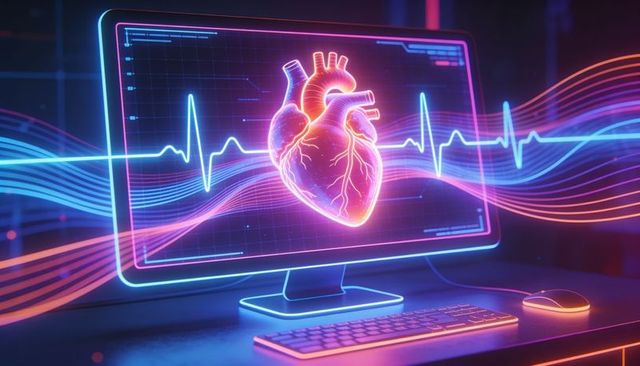 Displaying neon holographic heart with ecg waveform on futuristic medical monitor
