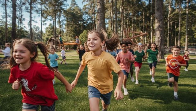 Joyful children running in lush park by wooden playground