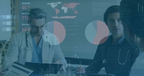 Doctors analyzing global health data for strategic planning