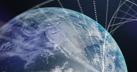 DNA Strand Overlay with Rotating Earth Globe on Blue Background