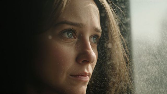 Gazing young woman at rain-speckled window, contemplative closeup portrait with soft bokeh