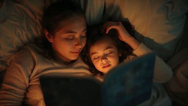 Mother daughter reading bedtime story under warm light for cozy night cuddle and bonding