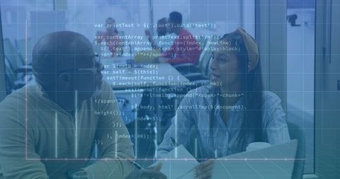 Diverse team collaboration in modern digital workspace with data overlay