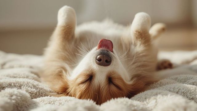 Sleeping red and white corgi puppy lying upside down on plush cream blanket soaking warm light