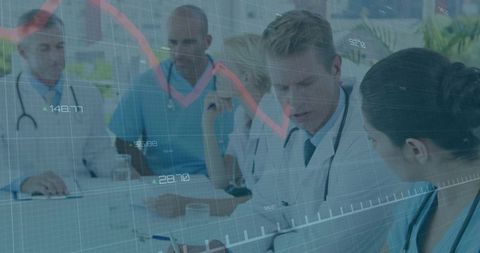 Doctor Collaborating in Meeting with Data Overlay