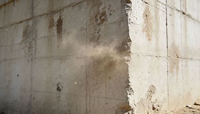 Concrete corner expelling dust plume from jagged edge on weathered wall with rust marks