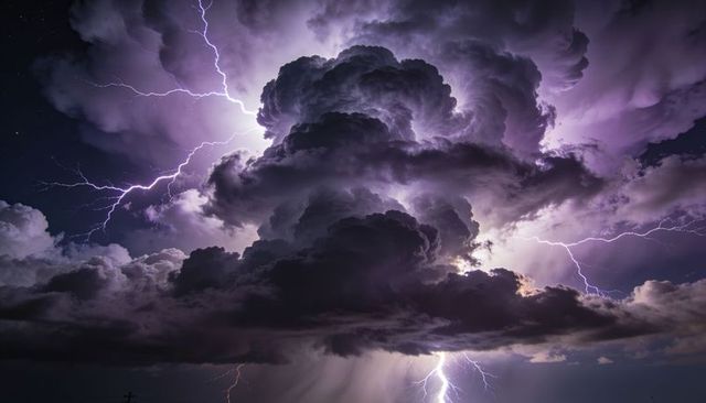 Cumulonimbus cloud towering and sending purple lightning bolts illuminating night sky