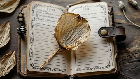 Vintage Journal with Floral Petal on Rustic Wooden Table