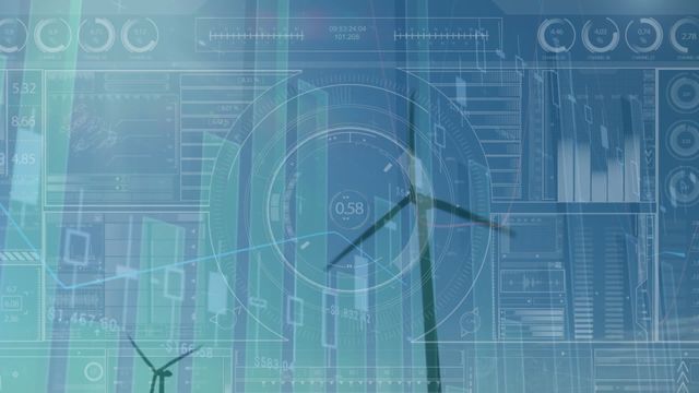 Infographic-style visual showing wind turbines overlain with digital graphs conveys the integration of technology in tracking renewable energy. Useful for presentations on sustainable technology, energy efficiency programs, or renewable resource management information.