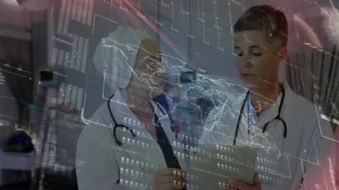 Doctors Analyzing Holographic Data with World Map Projection