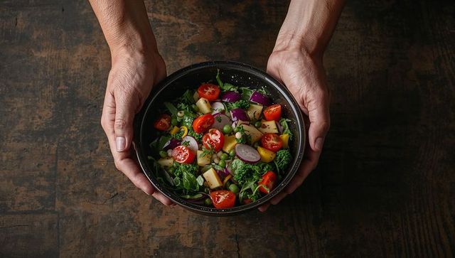 Hands holding fresh vegetable salad bowl on rustic wood