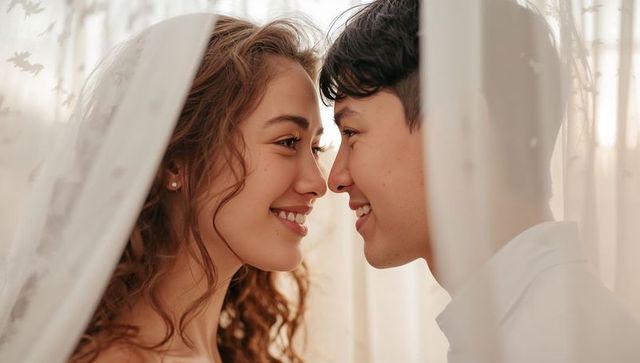 Young couple leaning close smiling under sheer curtains soft warm light intimate closeup