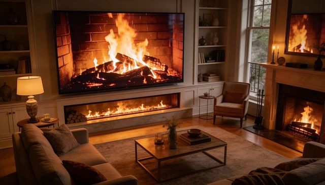 Cozy modern living room featuring widescreen tv, linear fireplace and glowing mantel fire