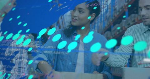 Hispanic woman packing boxes in warehouse with digital logistics data overlay
