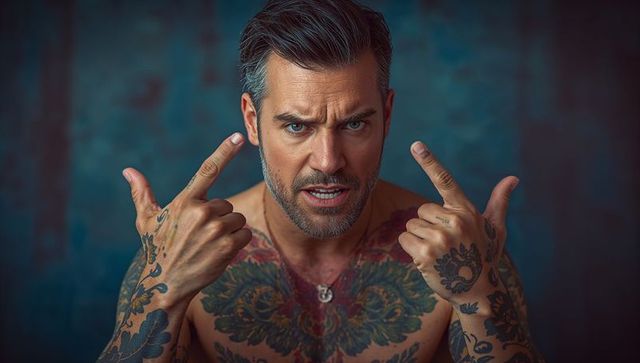 Confident tattooed man showcasing body art in studio