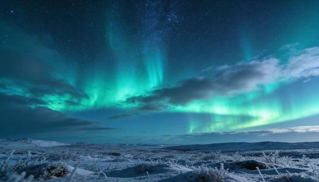 Glowing aurora borealis dancing over frost-coated arctic tundra under starry sky