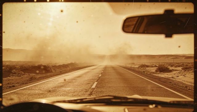 Driving along endless desert highway through dusty windshield, sepia glare and vintage grain