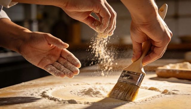 Hands sprinkling flour and brushing wooden worktop with pastry brush for dough preparation