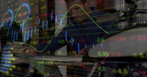 Motorcycle mechanic adjusting fuel tank with candlestick charts and market data overlay